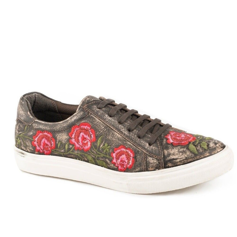 Roper 7 Sneaker Madeline LaceUp Brown Sanded Vintage Leather Rose Embroidery NIB
